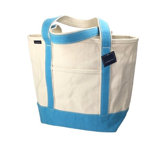 Lands End Canvas Tote NWT Embroidered Rainbow Open Top Natural Turquoise Medium - Picture 6 of 10